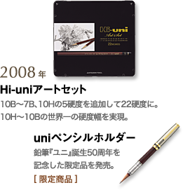 2008年 HI-uniアートセット 10B～7B、10Hの5硬度を追加して22硬度に。10H～10Bの世界一の高度幅を実現。／uniペンシルホルダー 鉛筆『ユニ』誕生50周年を記念した限定品を発売。【限定商品】