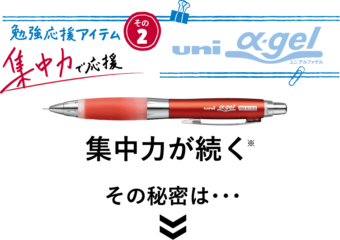 勉強応援アイテム その2 集中力で応援 uni-ball α-gel 集中力が続く その秘密は・・・